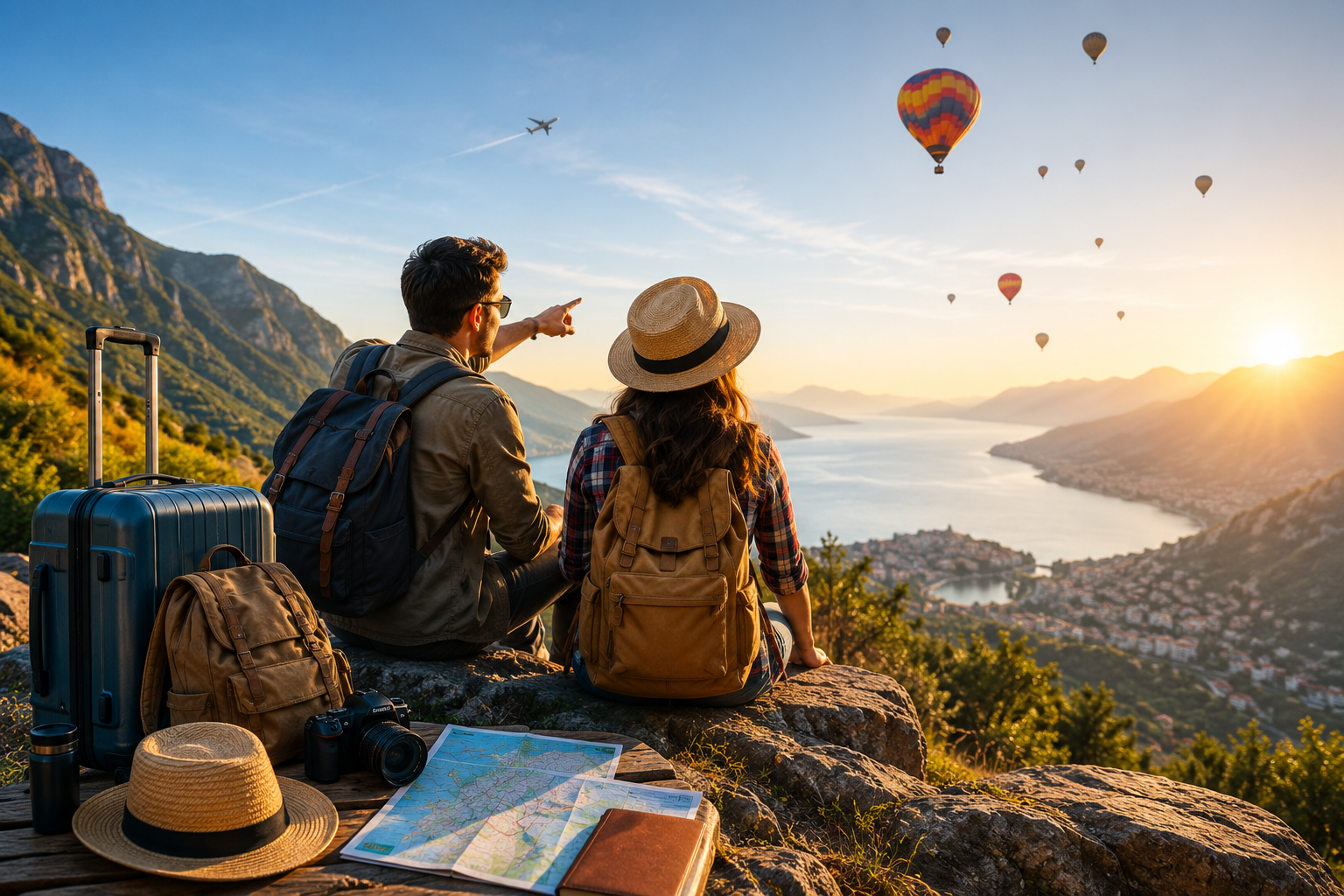 Group travelers looking over a mountain lake with hot-air balloons